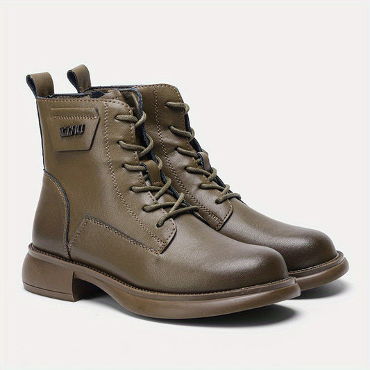 Women's Chunky Heel Lace-Up Side Zipper Leather Boots