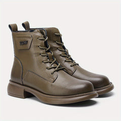 Women's Chunky Heel Lace-Up Side Zipper Leather Boots