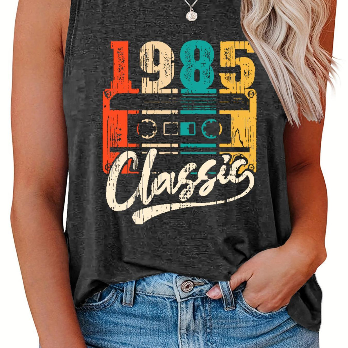  Casual Tank Top Women's Plus Radio Print Round Neck Slight Stretch