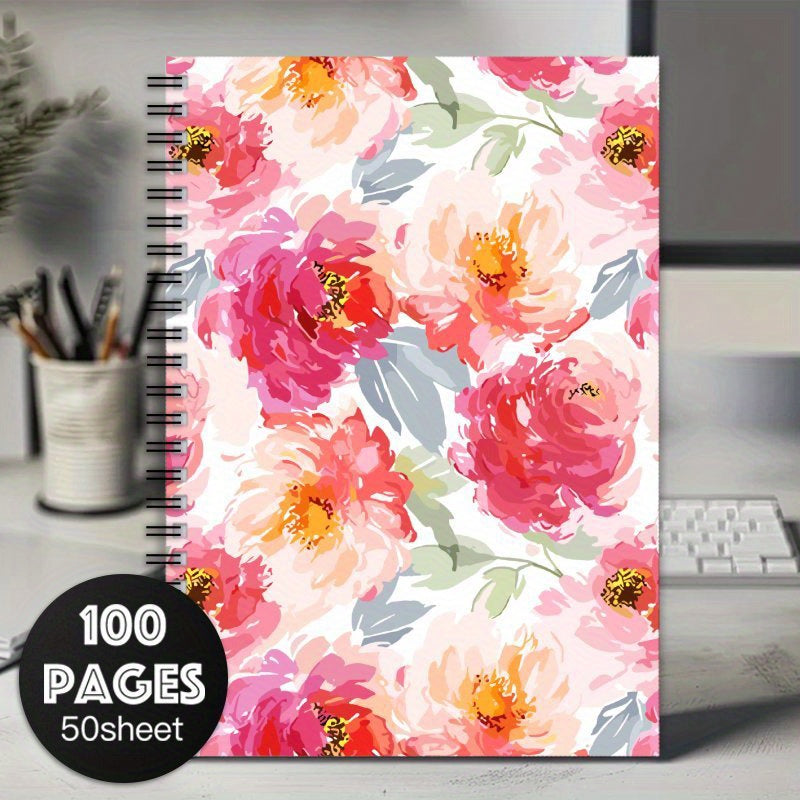 Watercolor Spiral Notebook Pink Peach Flower Lined Pages