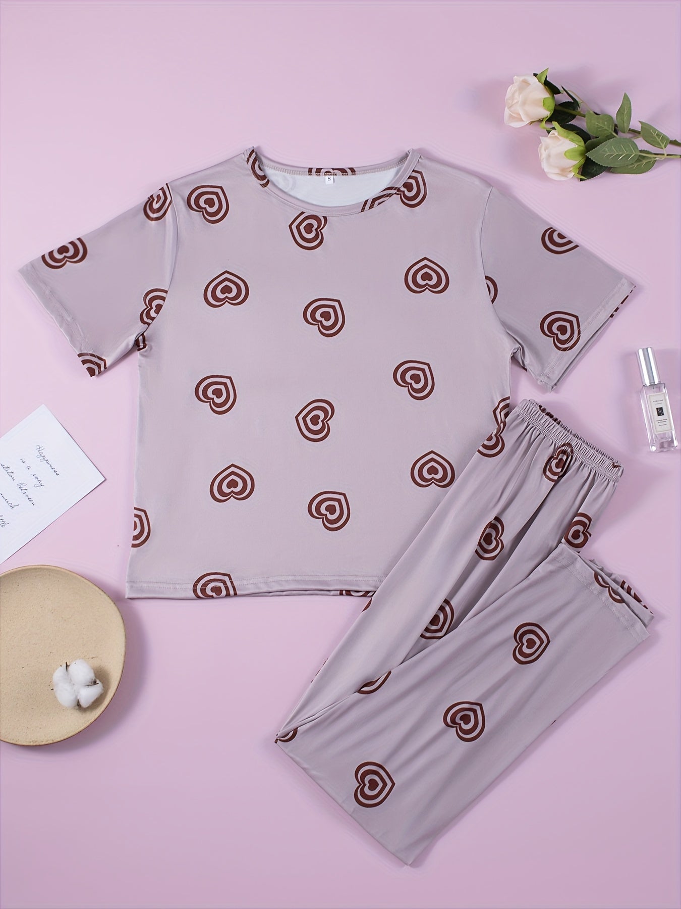 Heart Print Pajama Set Short Sleeve Crew Neck Top & Lounge Pants