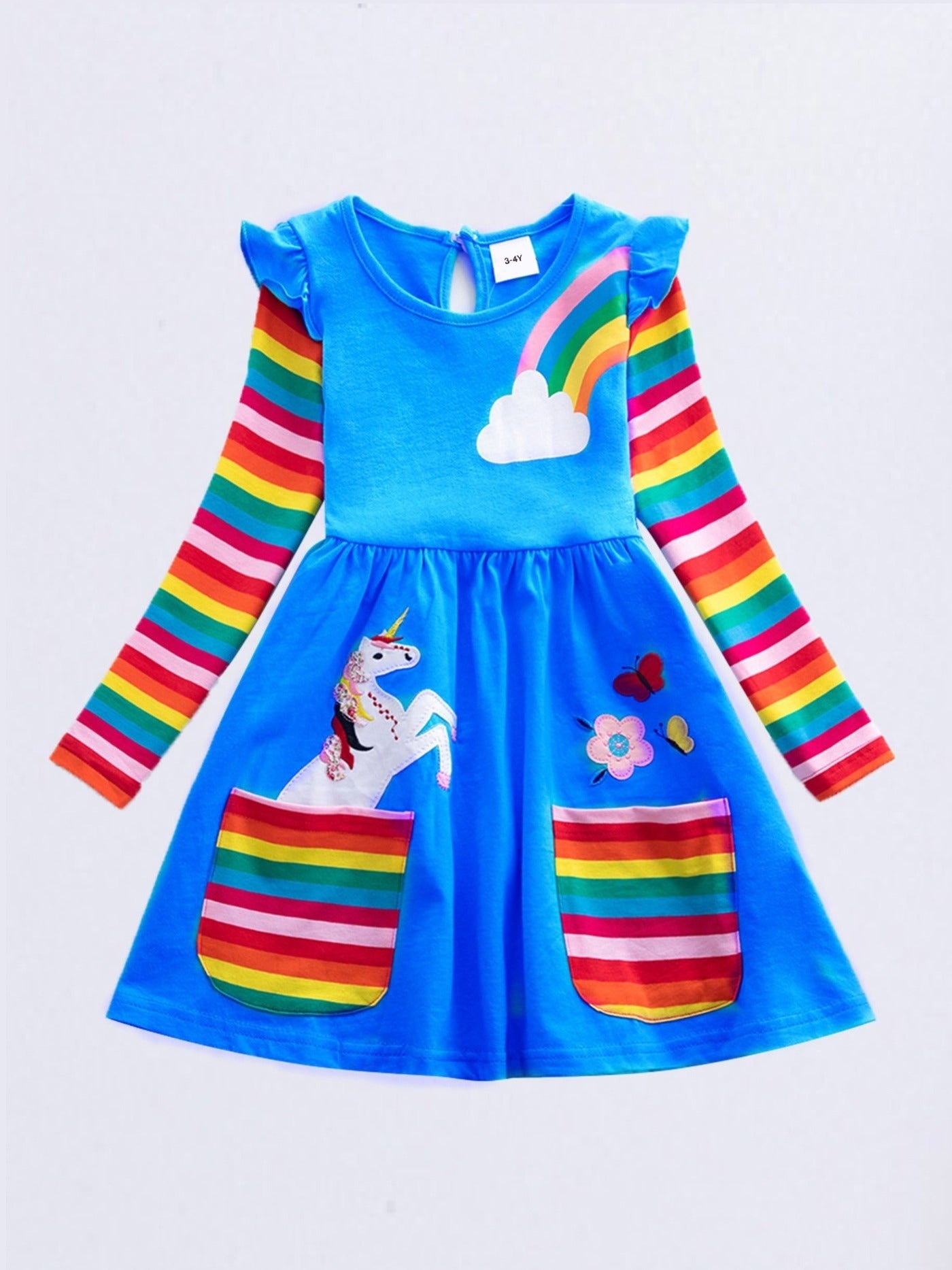 Girls Unicorn Embroidered Dress With Pockets