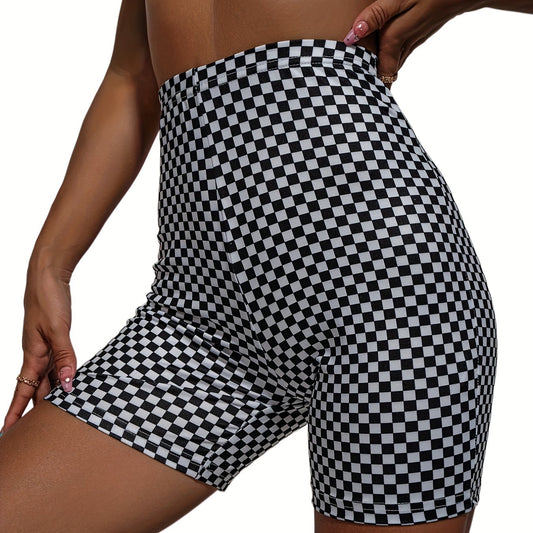 Checkerboard Print High Waist Slim Shorts Women's Clothing