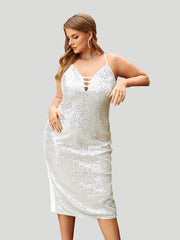  Sequin Cut Out V Neck Midi Cocktail Dress