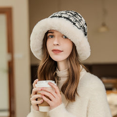 Winter Thick Warm Bucket Hat Plaid Fur Irregular Brim Fisherman Cap