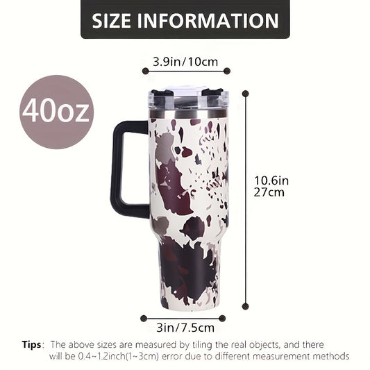 40oz Cow Print Insulated Tumbler with Handle & Straw Lid