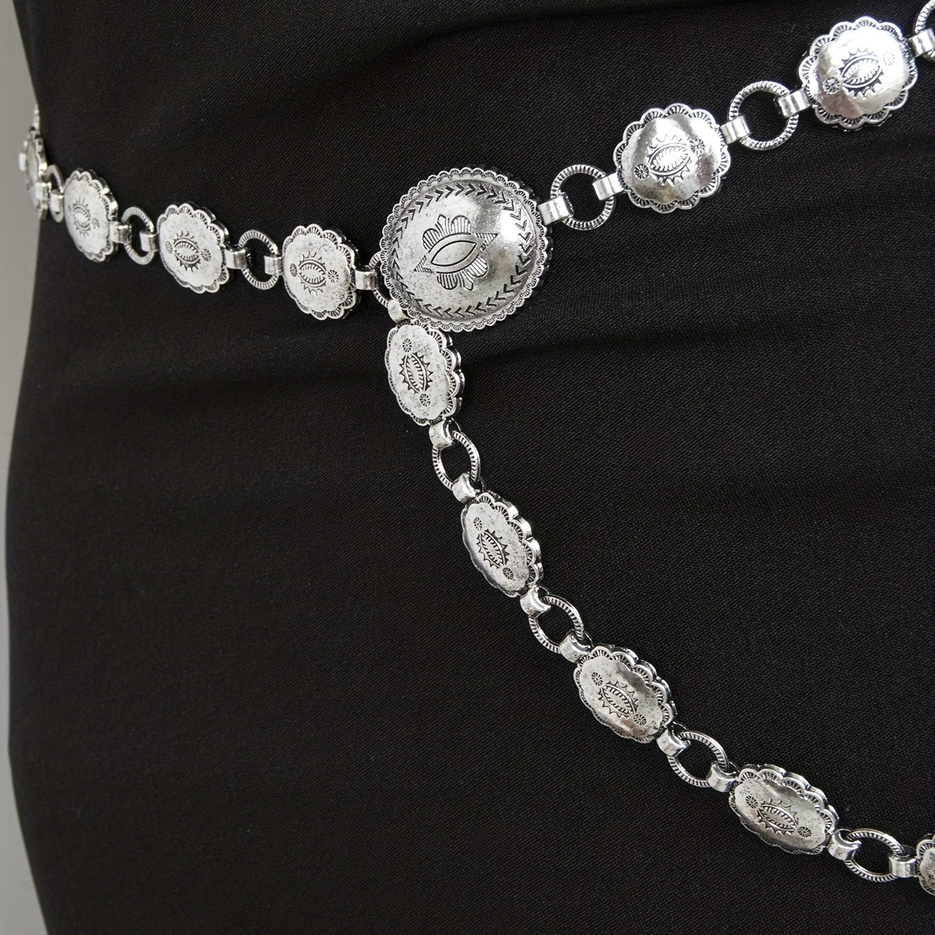 Boho Carved Waist Chain Vintage Silvery Metal Chain Belt Adjustable Body Jewelry