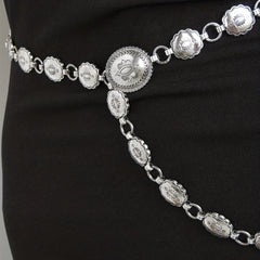 Boho Carved Waist Chain Vintage Silvery Metal Chain Belt Adjustable Body Jewelry