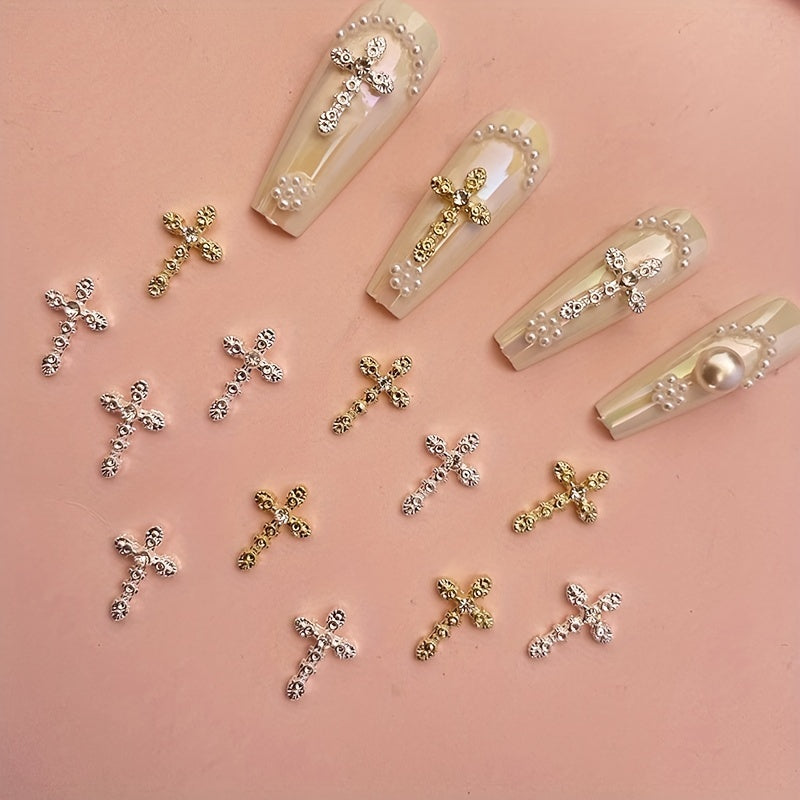 3D Cross Nail Charms with Pearl Gems and Rhinestones