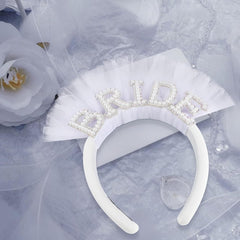 Bride Pearl Headband Tulle Bridal Hair Accessory with BRIDE Embellishment