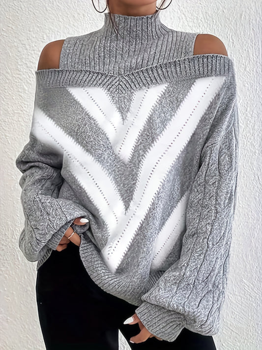  Geometric Print Cold Shoulder Sweater