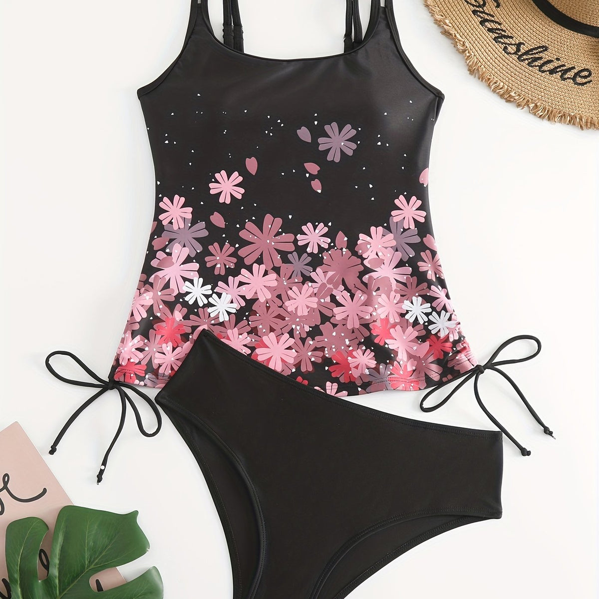 Floral Print Split Strap Knot Side Tankini Set Plus Size
