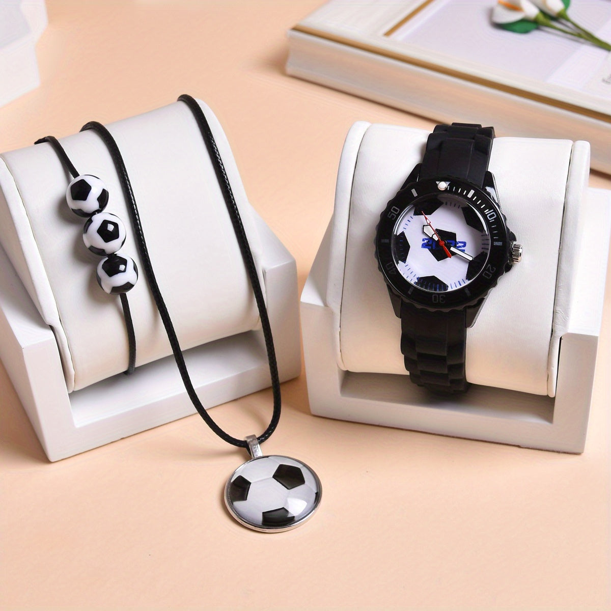 3pcs Boys Soccer Quartz Watches Set - Silicone Belt Sport Wristwatch
