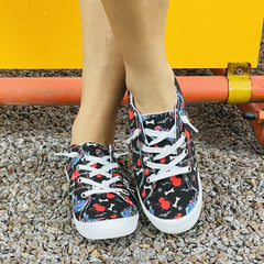 Women's Skull Printed Canvas Shoes Low Round Toe Lace Up Lightweight Comfy Shoes