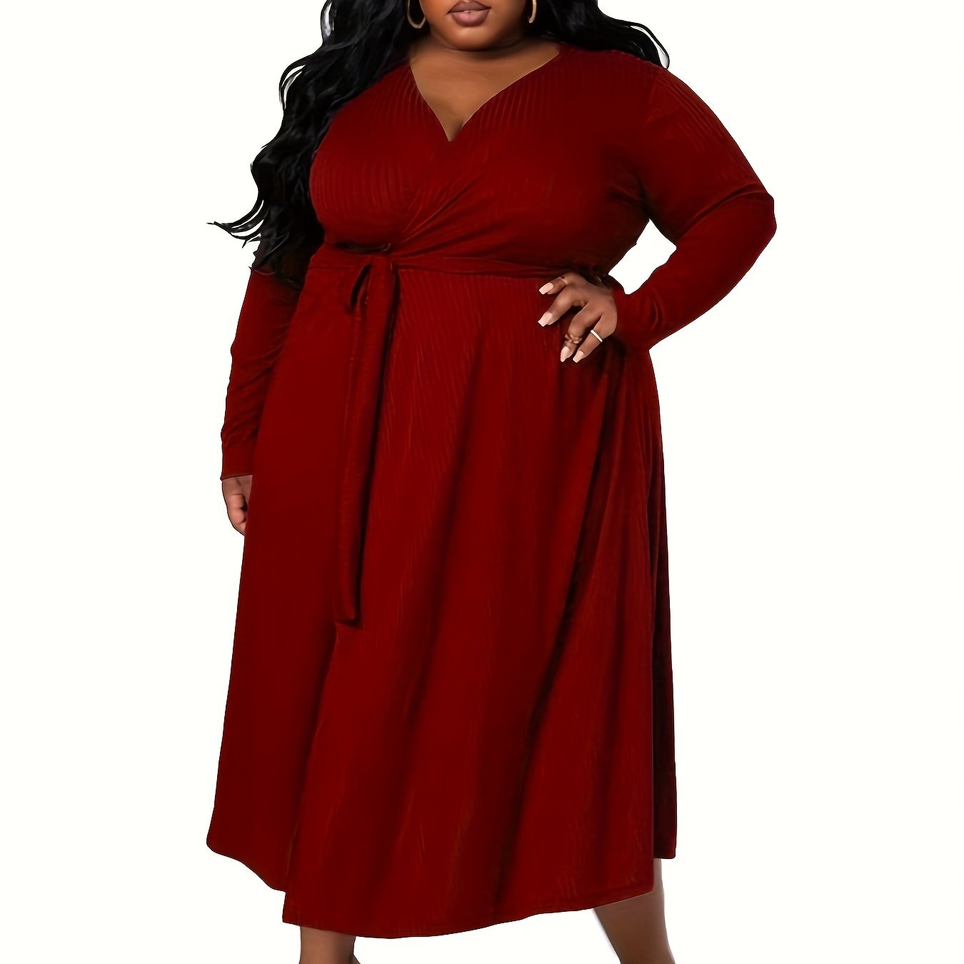 Plus Size Solid Ribbed Long Sleeve Maxi Dress With Belt