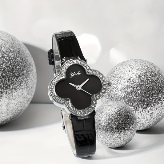 Four Leaf Clover Watch Rhinestone Studded Quartz Wristwatch