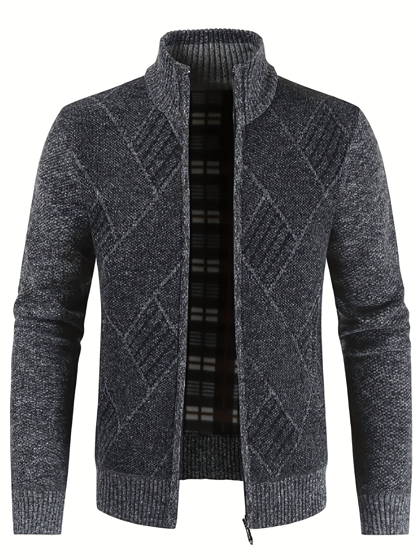 Argyle Texture Warm Plush Cardigan Zip Up Sweater