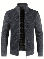 Argyle Texture Warm Plush Cardigan Zip Up Sweater