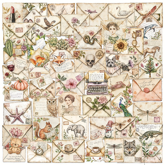 50pcs Vintage Envelope Stickers with Floral Animal Typewriter