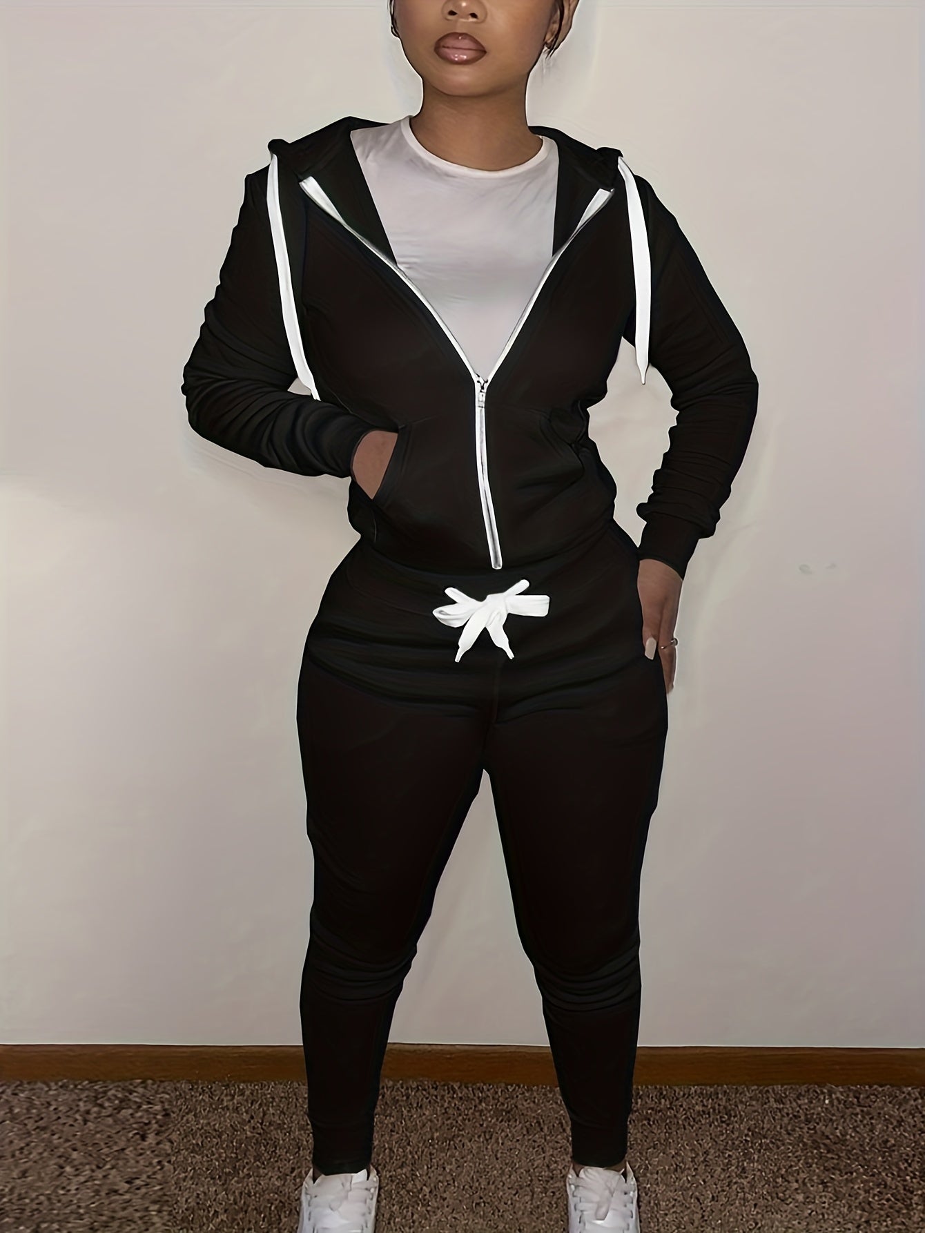 Solid Drawstring Two-piece Set Zip Up Hoodies & Long Pants Set