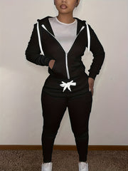 Solid Drawstring Two-piece Set Zip Up Hoodies & Long Pants Set