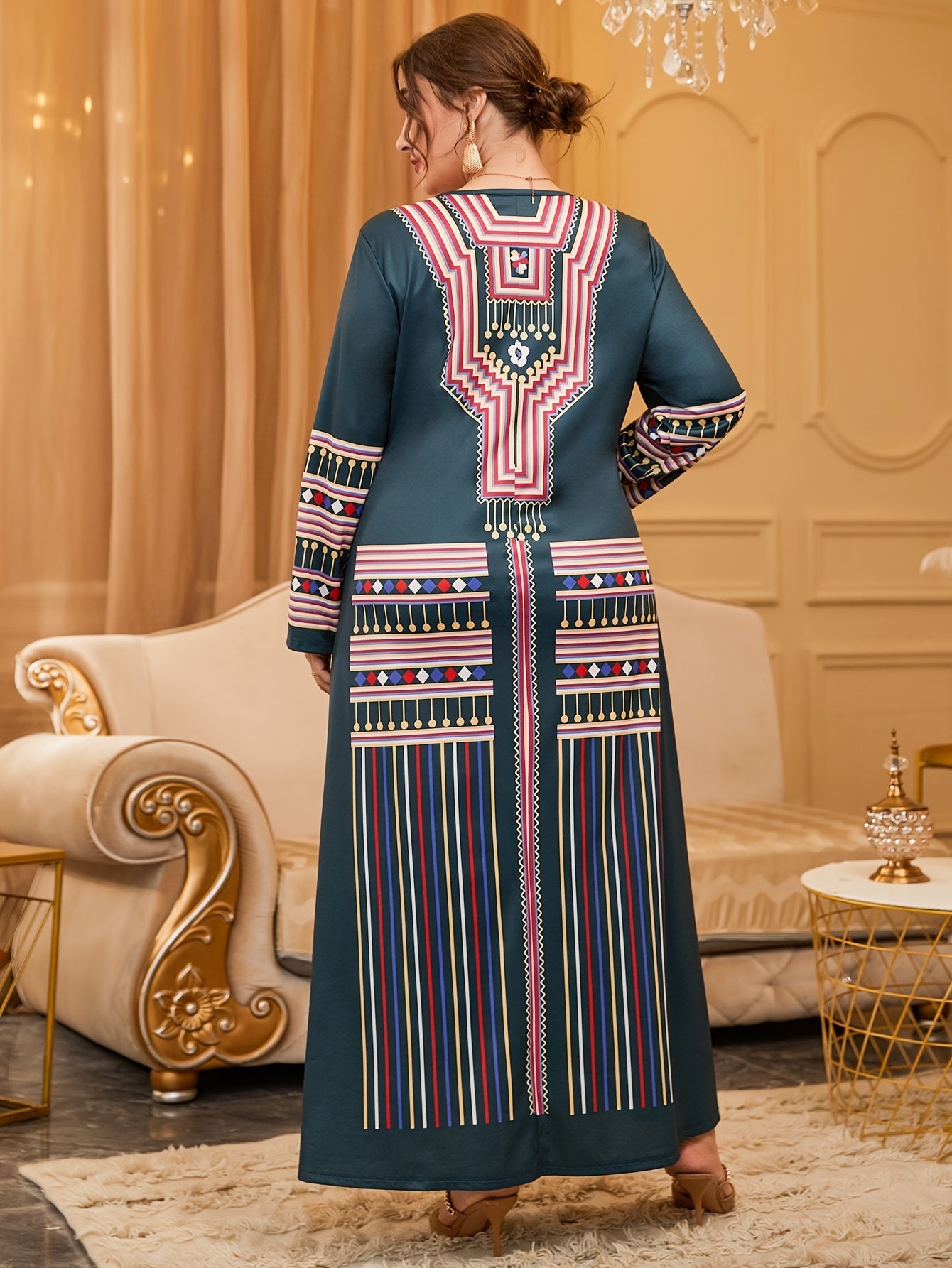  Geometric Print Abaya Dress Long Sleeve Square Neck Maxi