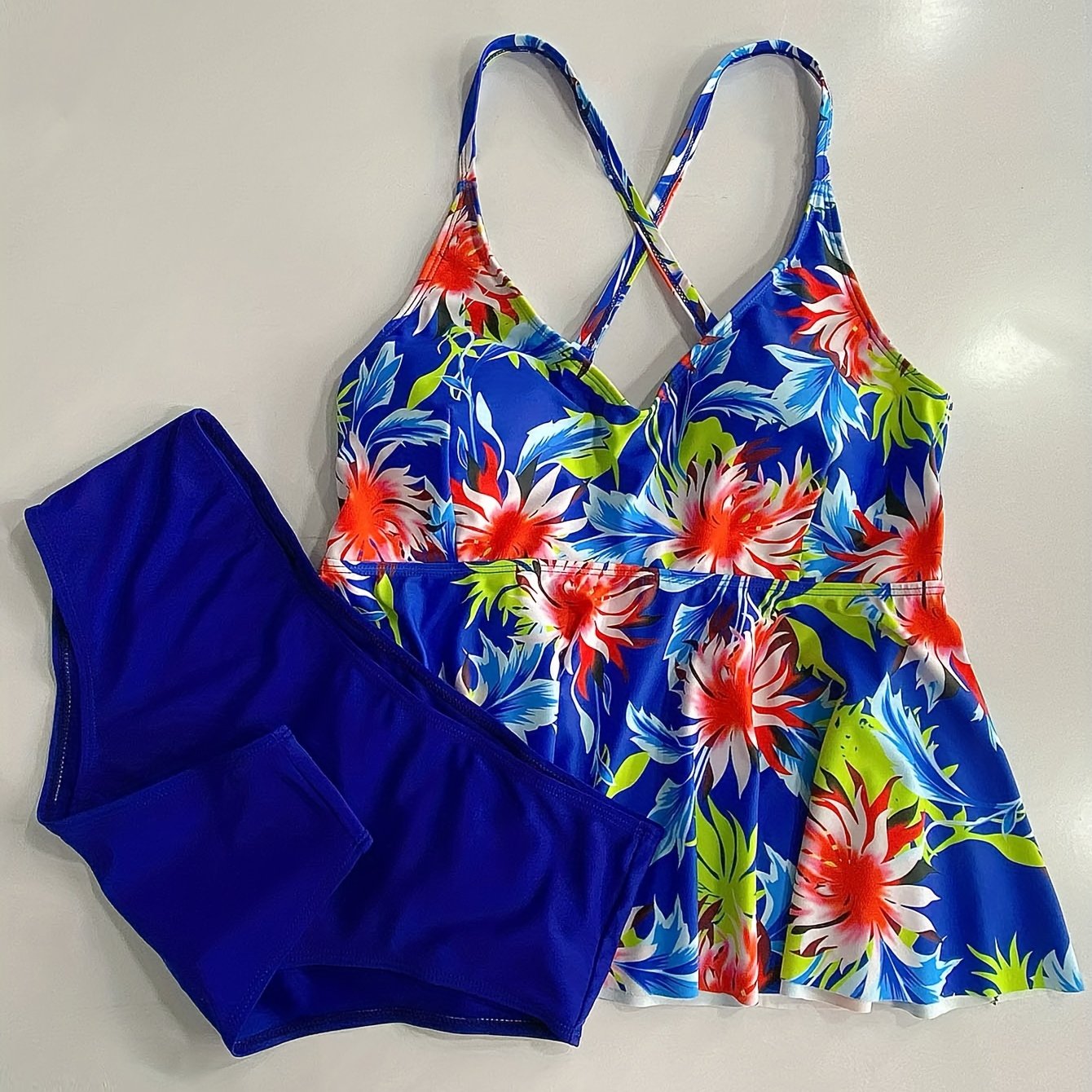 Plus Size Boho Tankini Set V Neck Criss Cross Cami Top & Panty Swimsuit