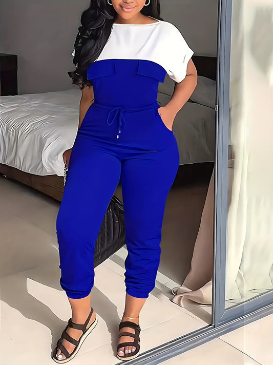  Colorblock Drawstring Jumpsuit with Pockets
