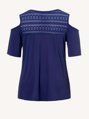  Solid Contrast Lace Panel Cold Shoulder Top