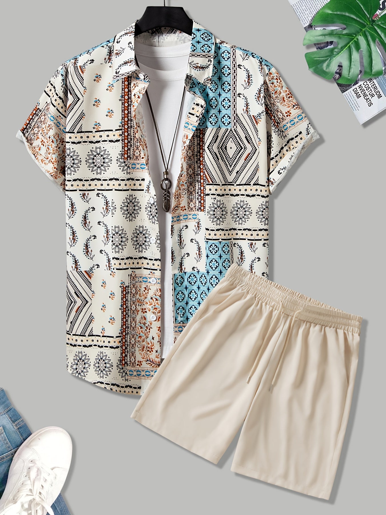 Men's Tribal Pattern Shirt & Solid Shorts Set For Outdoor Summer