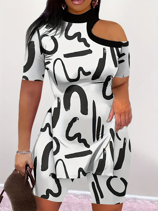 Abstract Print Two Piece Set Cold Shoulder Tee & Slim Shorts