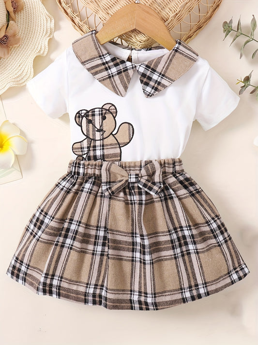 2pcs Baby Girls' Bear Graphic Collared T Shirt & Bow Plaid Skirt Set