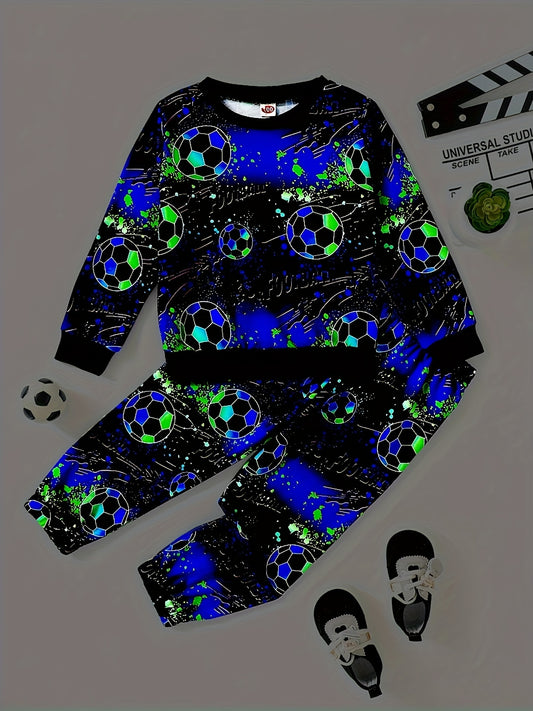 Boy's Soccer Allover Print 2pcs Sweatshirt & Sweatpants Set