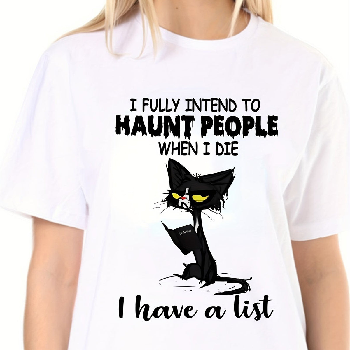 Cat Book Letter Print T-shirt Crew Neck Short Sleeve Active Tee