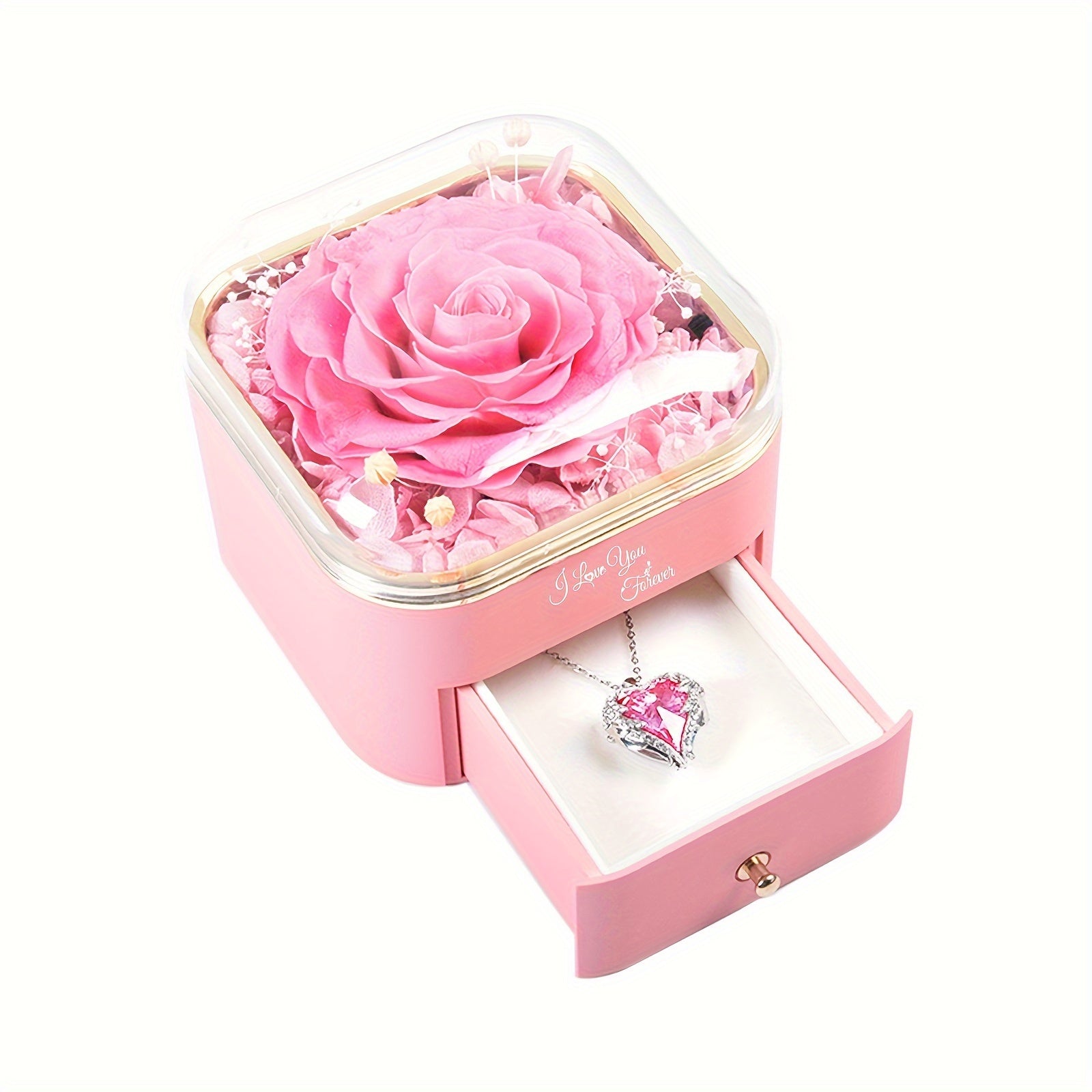 Preserved Rose Ocean Heart Necklace Box Acrylic Eternal Flower Gift