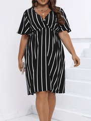  Pin Stripe Print Cap Sleeve Midi Dress