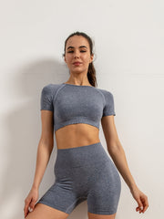 Solid Crew Neck Yoga Crop Top Short Sleeve Slimming Workout Top