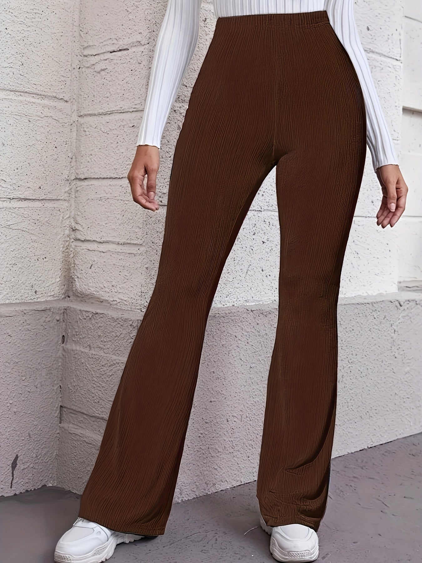  Women's Ribbed High Rise Flared Leg Trousers