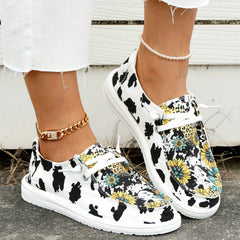 Women's Cow Sunflower Printed Canvas Loafers Lace Up Round Toe Shoes
