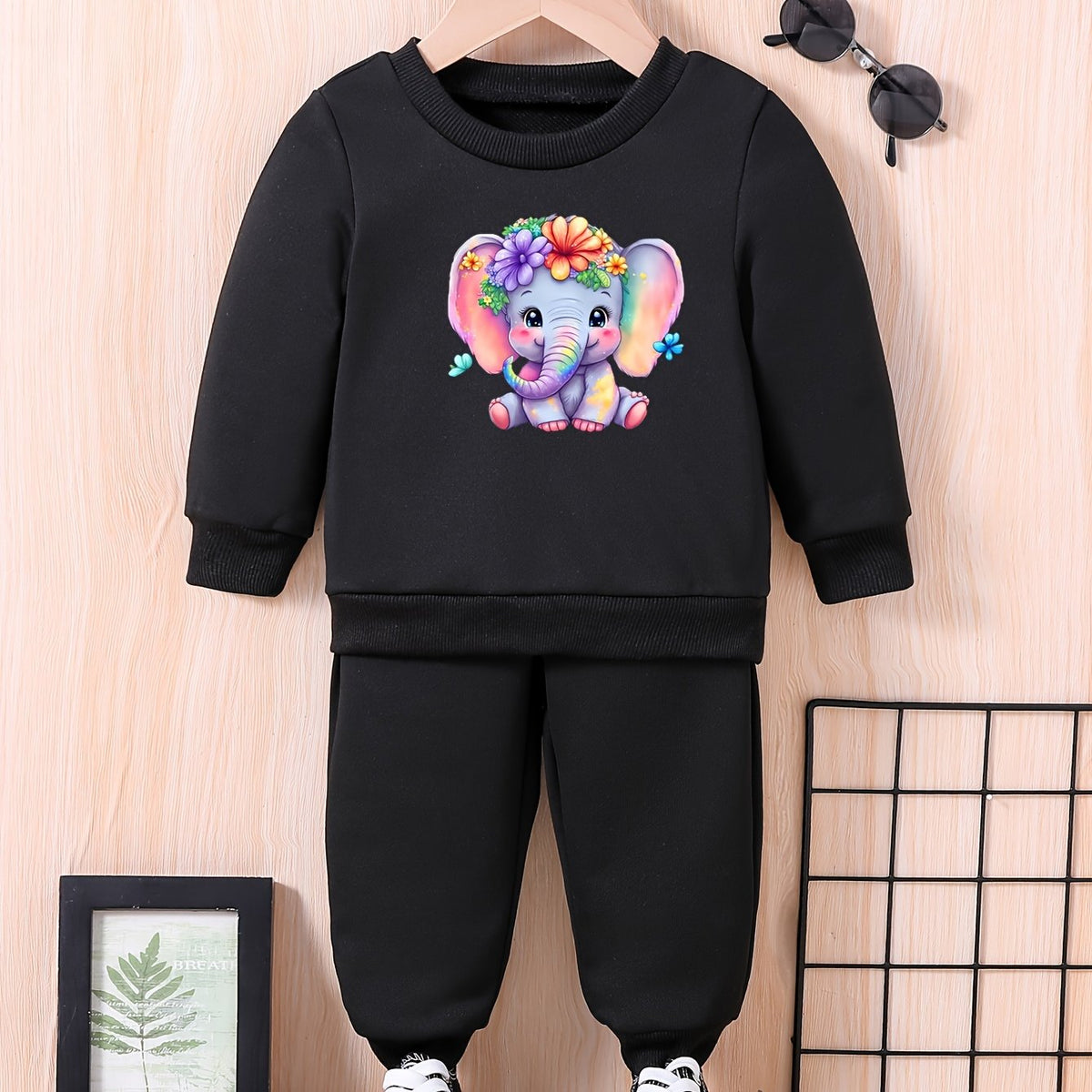 Baby Elephant & Flower Graphic Outfit Long Sleeve Sweatshirt Trousers Set