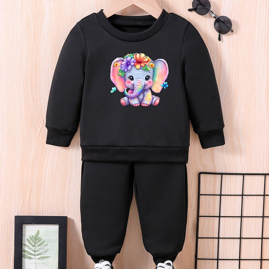 Baby Elephant & Flower Graphic Outfit Long Sleeve Sweatshirt Trousers Set
