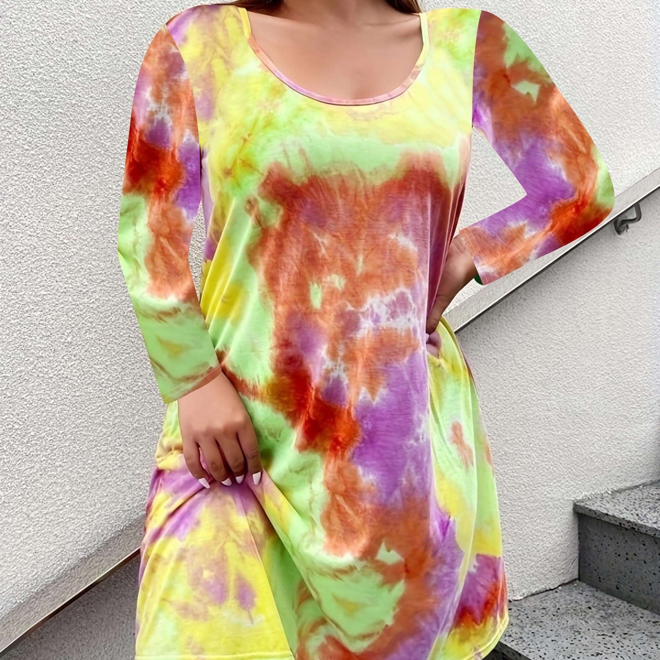  Tie Dye Long Sleeve Round Neck Dress