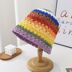 Rainbow Striped Bucket Hat Crochet Straw Sun Hat