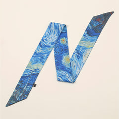 Oil Painting Print Skinny Scarf Satin Hair Ribbon Silk Neckerchief