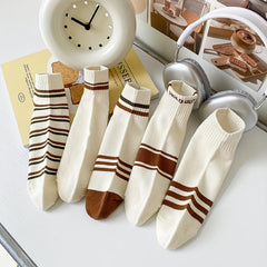 5 Pairs Striped Short Socks Comfy & Breathable Women's Stockings