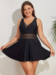  Mesh Stripe V Neck One Piece Swimsuit
