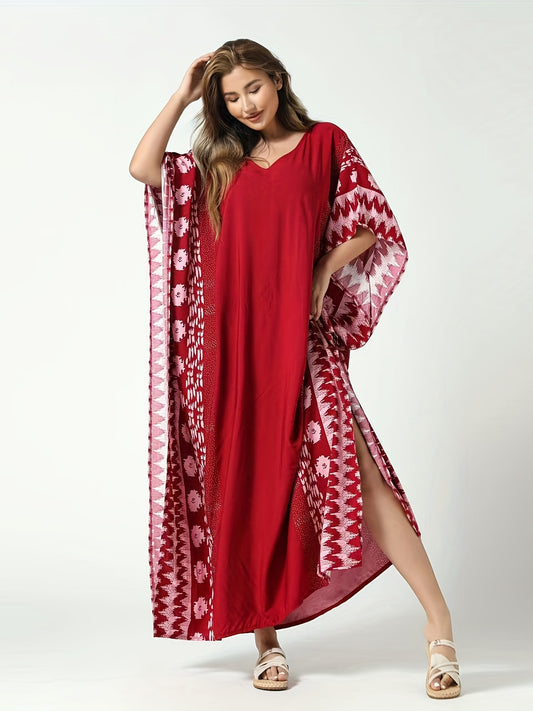 Boho Floral Print Thigh Split Cover Up Swimsuit V Neck Loose Kaftan