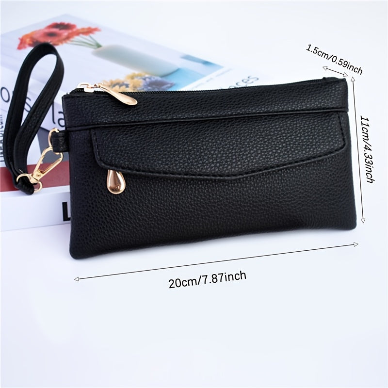 Soft PU Leather Clutch Handbag Zipper Closure Wristlet Strap