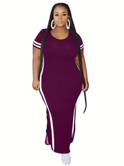 Stripe Print Short Sleeve Maxi Dress