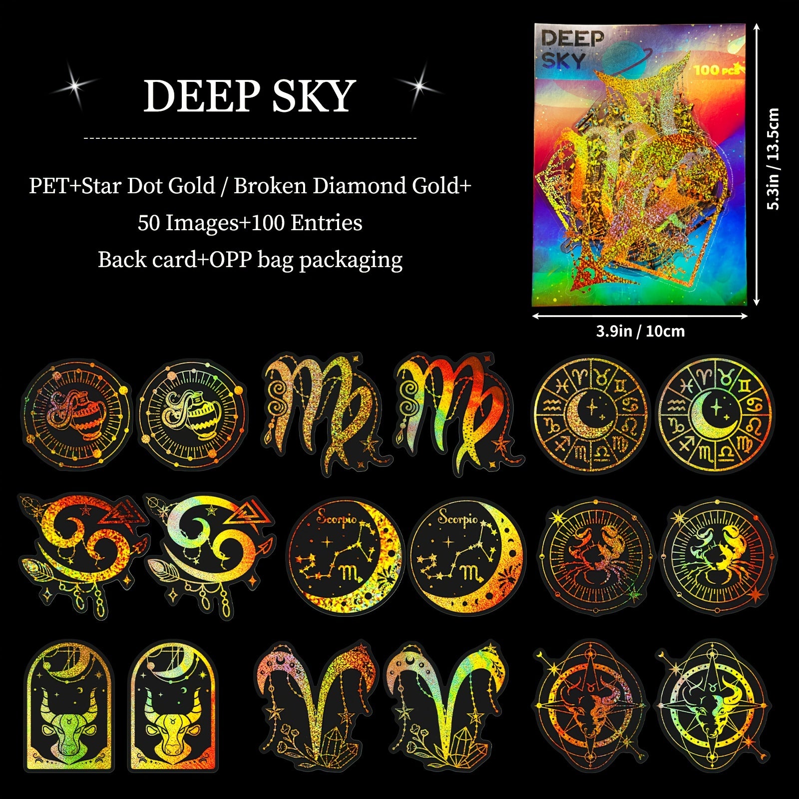 100pcs Deep Sky Holographic Stickers Moon Star Resin DIY Decor Waterproof